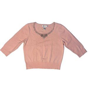 Vintage Judith Hart Pink Beaded Pullover Sweater - L Silk Blend Scoop Neck